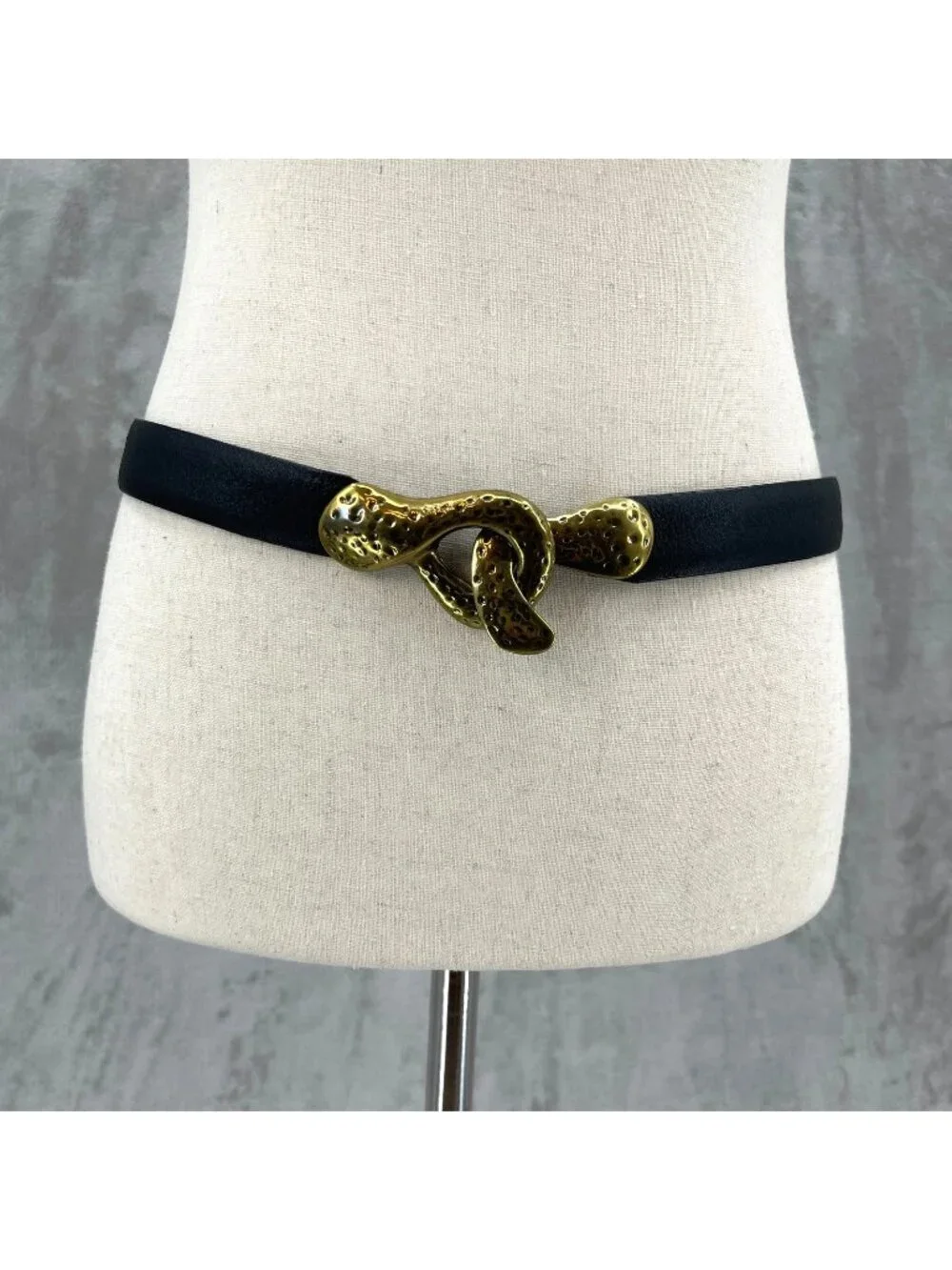 Vintage Chicos Women's M/L Black Leather Adjustable Hammered Brass Buckle Belt